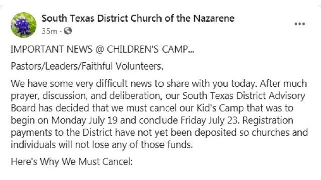 Screen shot from the South Texas District Church of the Nazarene Facebook page.