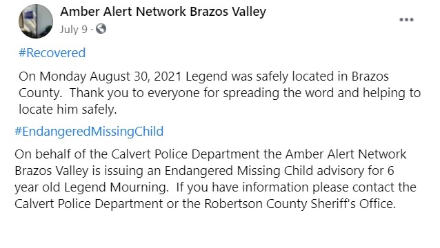 Screen shots from Amber Alert Network Brazos Valley's Facebook page.