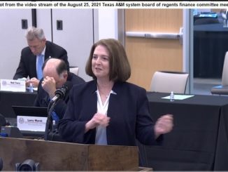 Screen shot from the Texas A&M system video stream of Texas A&M president Katherine Banks at the August 27, 2021 Texas A&M system board of regents finance committee meeting.