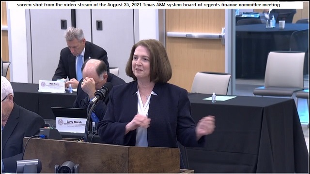 Screen shot from the Texas A&M system video stream of Texas A&M president Katherine Banks at the August 27, 2021 Texas A&M system board of regents finance committee meeting.
