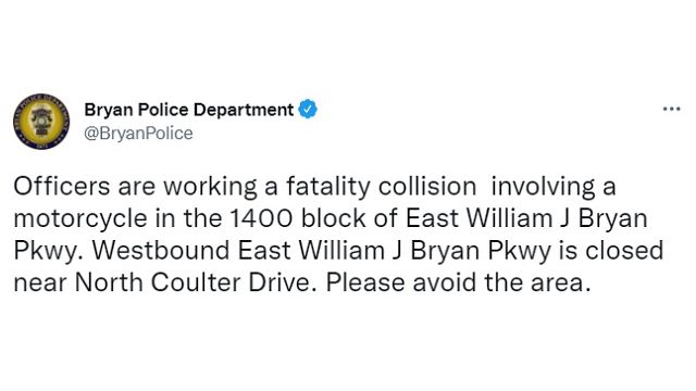 Screen shot from the Bryan police department's Twitter account.