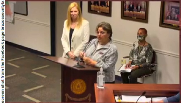 Screen shot of (L-R) Jennifer Young and Kathy Bice from the Brazos County Facebook Live video of the August 17, 2021 county commission meeting.