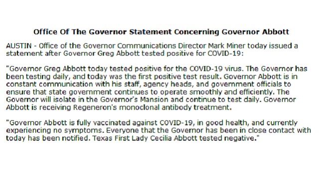 Screen shot of an e-mail from Governor Abbott's office.