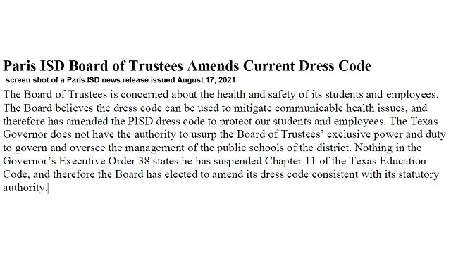 Screen shot from a Paris ISD news release issued August 17, 2021.