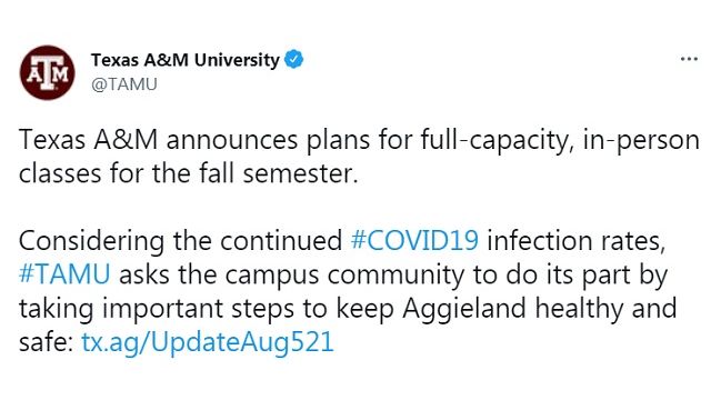 Screen shot from Texas A&M University's Twitter account.