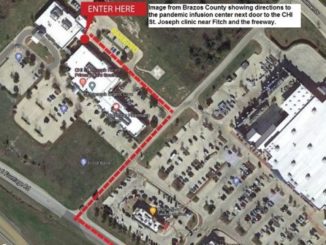 Brazos County image showing the location of the pandemic infusion center next to the College Station CHI St. Joseph clinic near Fitch and the freeway.