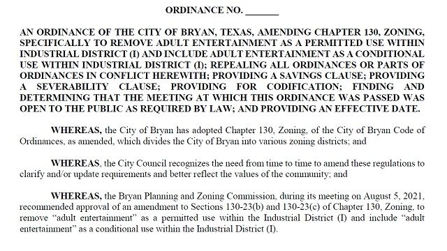 Screen shot from city of Bryan document.