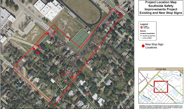 Screen shot from city of College Station document showing locations of new stop signs in the Southside neighborhood.