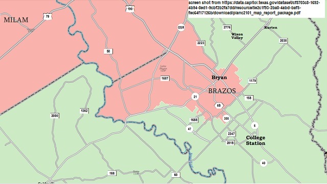 Screen shot showing the proposed 10th congressional district in green and the proposed 17th district in salmon from https://data.capitol.texas.gov/dataset/cf8703c8-1692-4b94-8ed1-9cbf2b2fa7dd/resource/5e2c1f93-2ba8-4abd-baf5-fec64f17126b/download/planc2101_map_report_package.pdf