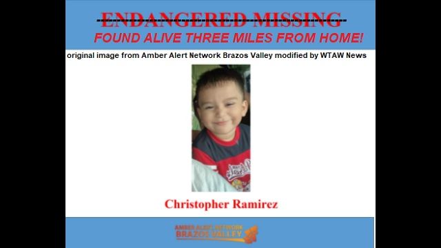 Original image from Amber Alert Network Brazos Valley modified by WTAW News after Christopher Ramirez was found alive.