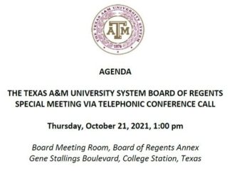 Screen shot from the agenda of the October 21, 2021 meeting of the Texas A&M system board of regents.