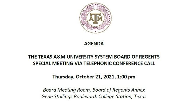 Screen shot from the agenda of the October 21, 2021 meeting of the Texas A&M system board of regents.