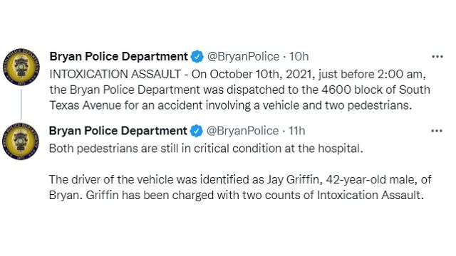 Screen shots from the Bryan police department's Twitter account.