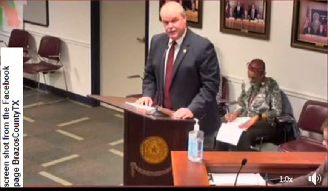 Screen shot of sheriff Wayne Dicky from the archived video of the October 19, 2021 Brazos County commission meeting.