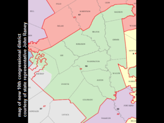 A map showing Texas congressional district 10 in green, courtesy of state representative John Raney of Bryan.