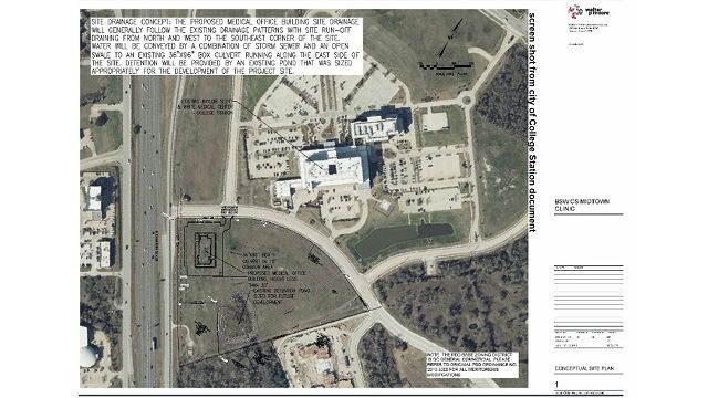 Screen shot from a city of College Station document showing the location of the new Baylor Scott & White medical clinic, next to the BSW College Station hospital.