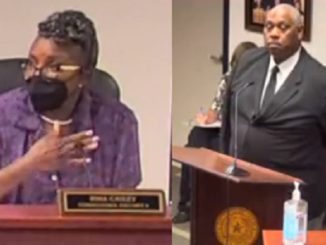 Screen shots from the Brazos County Facebook video of the October 25, 2021 county commission meeting of (L) commissioner Irma Cauley and (R) Dr. Anthony Ross Sr.