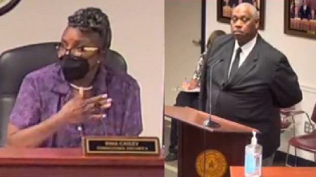 Screen shots from the Brazos County Facebook video of the October 25, 2021 county commission meeting of (L) commissioner Irma Cauley and (R) Dr. Anthony Ross Sr.