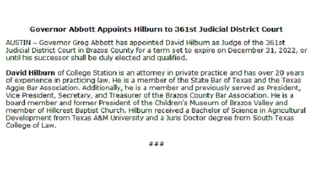 Screen shot of news release from Governor Abbott's office.