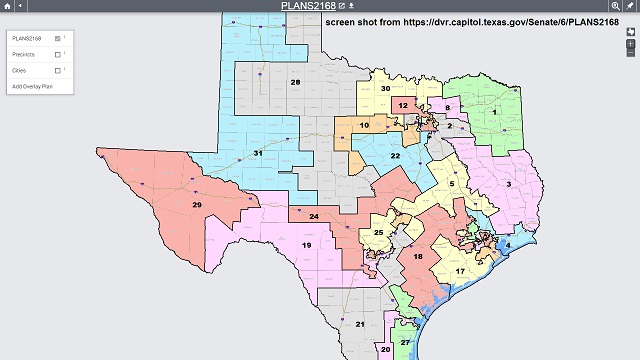 Screen shot of the Texas Senate redistricting map that was approved October 4, 2021 from https://dvr.capitol.texas.gov/Senate/6/PLANS2168