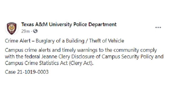 Screen shot from the Texas A&M police Facebook page.