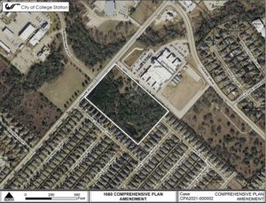 Image from the city of College Station showing the white box where the city council approved a land use change but denied rezoning for townhomes between the ILT school and the Doves Crossing subdivision.