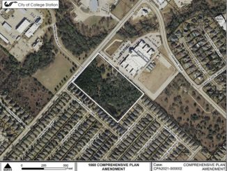 Image from the city of College Station showing the white box where the city council approved a land use change but denied rezoning for townhomes between the ILT school and the Doves Crossing subdivision.