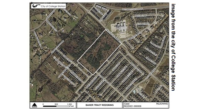 Image from the city of College Station showing the white box where rezoning was approved during the October 28, 2021 city council meeting.