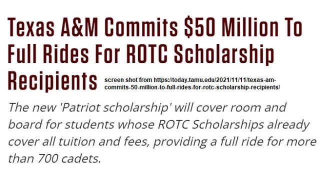 Screen shot from https://today.tamu.edu/2021/11/11/texas-am-commits-50-million-to-full-rides-for-rotc-scholarship-recipients/