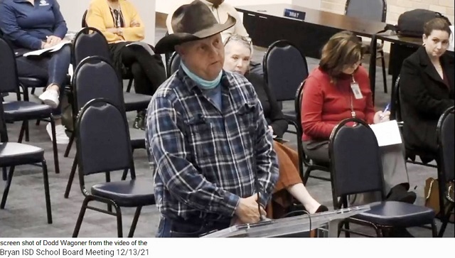 Screen shot from the Bryan ISD video stream of Dodd Wagoner speaking during the December 13, 2021 Bryan ISD school board meeting.