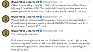 Screen shots from the Bryan police department's Twitter account.