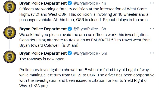 Screen shots from the Bryan police department's Twitter account.