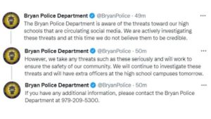 Screen shots from the Bryan police department's Twitter account.