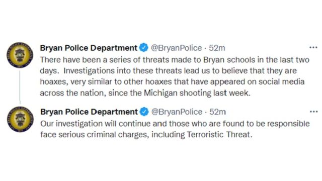 Screen shots from the Bryan police department's Twitter account.m December 9, 2021