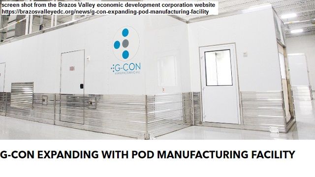 Screen shot from the Brazos Valley economic development corporation website https://brazosvalleyedc.org/news/g-con-expanding-pod-manufacturing-facility