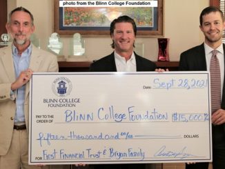 Photo from the Blinn College Foundation of (L-R) First Financial Trust senior vice presidents Jeff Wind and Austin Bryan and foundation board chairman Sam Sommer,