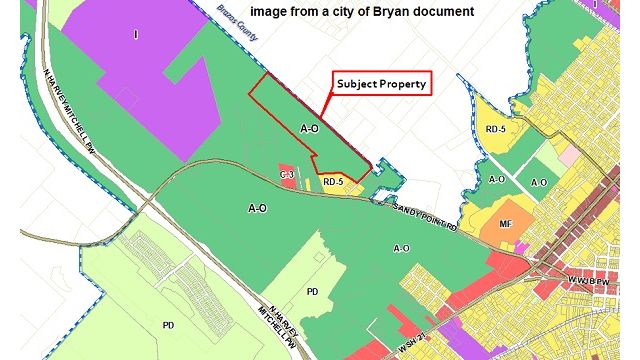 City of Bryan image showing the location of land that was rezoned at the December 14, 2021 city council meeting.