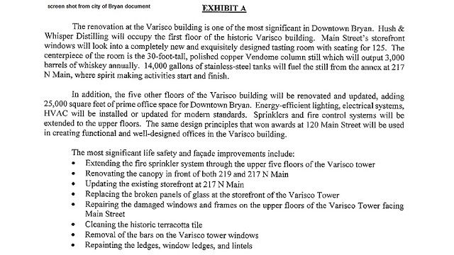 Screen shot from a city of Bryan document regarding the renovation of the Varisco building.