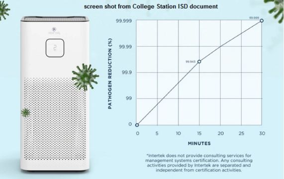 Screen shot from a College Station ISD document showing a model of the air purifier that was purchased during the December 14, 2021 school board meeting.
