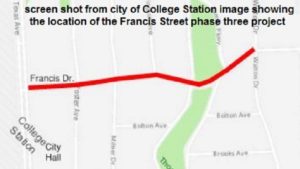 Screen shot from a city of College Station image showing the location of the Francis Street phase three project.