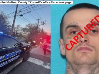 Images from the Madison County sheriff's office Facebook page of (L) a patrol vehicle at the end of a chase in Bryan and (R) the jail booking photo of Matthew Jarrett.