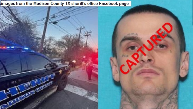 Images from the Madison County sheriff's office Facebook page of (L) a patrol vehicle at the end of a chase in Bryan and (R) the jail booking photo of Matthew Jarrett.