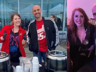 Morning Candy's Tucker "Frito" Young and Katy Dempsey at (L) an Empty Bowls fundraiser and (R) receiving one of their National Association of Broadcasters Marconi Radio Awards.