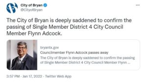Screen shot from the city of Bryan's Twitter page.