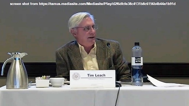 Screen shot of Texas A&M system board of regents chairman Tim Leach from the February 16, 2022 academic affairs committee meeting from https://tamus.mediasite.com/Mediasite/Play/d2f6dfcfe38c4131b8c6156b4b44a1b91d