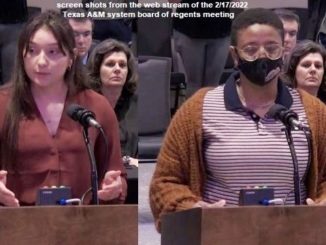 Screen shots of (L-R) Audrey Shaw and Mia Ogolo from the web stream of the February 17, 2022 Texas A&M system board of regents meeting.