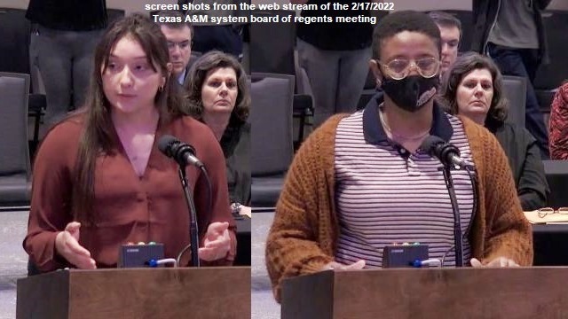 Screen shots of (L-R) Audrey Shaw and Mia Ogolo from the web stream of the February 17, 2022 Texas A&M system board of regents meeting.