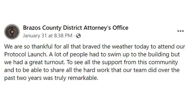 Screen shot from the Brazos County district attorney's office Facebook page.