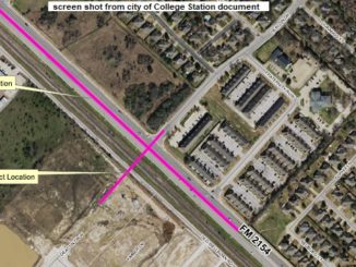 Screen shot from a city of College Station document showing in pink the construction zone of a new railroad crossing at Wellborn Road and Deacon Drive West.