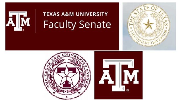 Images from the Texas A&M faculty senate website, the Texas lieutenant governor's website, the Texas A&M system, and Texas A&M university.